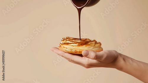 palmier pastry with golden edible paint and chocolate drizzle in a woman's hand photo