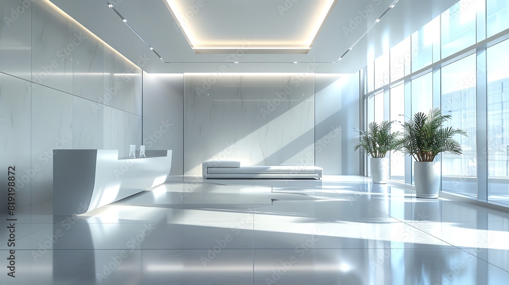 Create a professional and realistic 3D rendering of a modern office lobby Create a professional and realistic 3D rendering of a modern office lobby