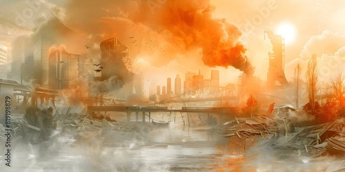 Illustration of a postapocalyptic city with destroyed buildings bridges and smoke. Concept Postapocalyptic Cityscape, Destructive Architecture, Apocalyptic Atmosphere, Smokey Ruins, Urban Decay photo