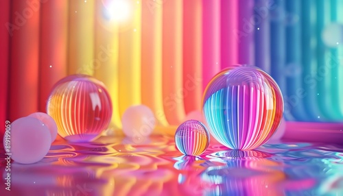 3D rendering of a rainbow-colored glass ball sitting on a reflective surface