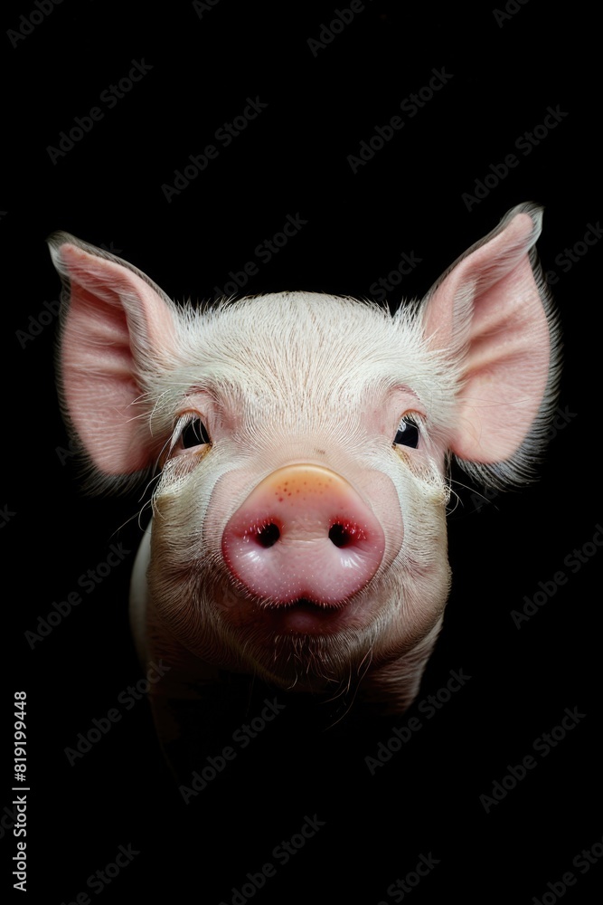 Fototapeta premium Close up of a pig's face on a black background. Ideal for animal lovers and farm-related designs