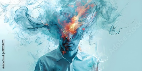 Illustration of a businessmans head exploding in flames due to corporate stress. Concept Illustration, Businessman, Head Exploding, Flames, Corporate Stress photo
