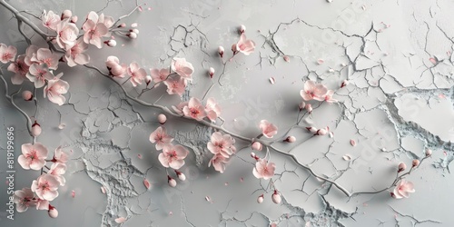  Grey background with peach blossoms and cracked wall effect.