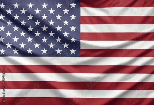 The American flag, with its iconic red and white stripes and white stars on a blue background displayed in a waving, textured pattern