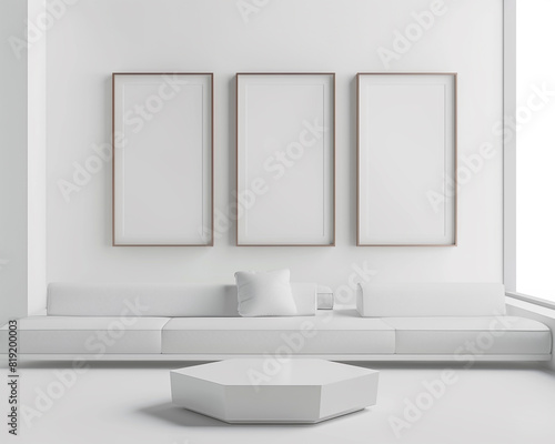 Modern minimalist space with three frames on a white wall  a white streamlined sofa  and a low-profile white hexagonal table.