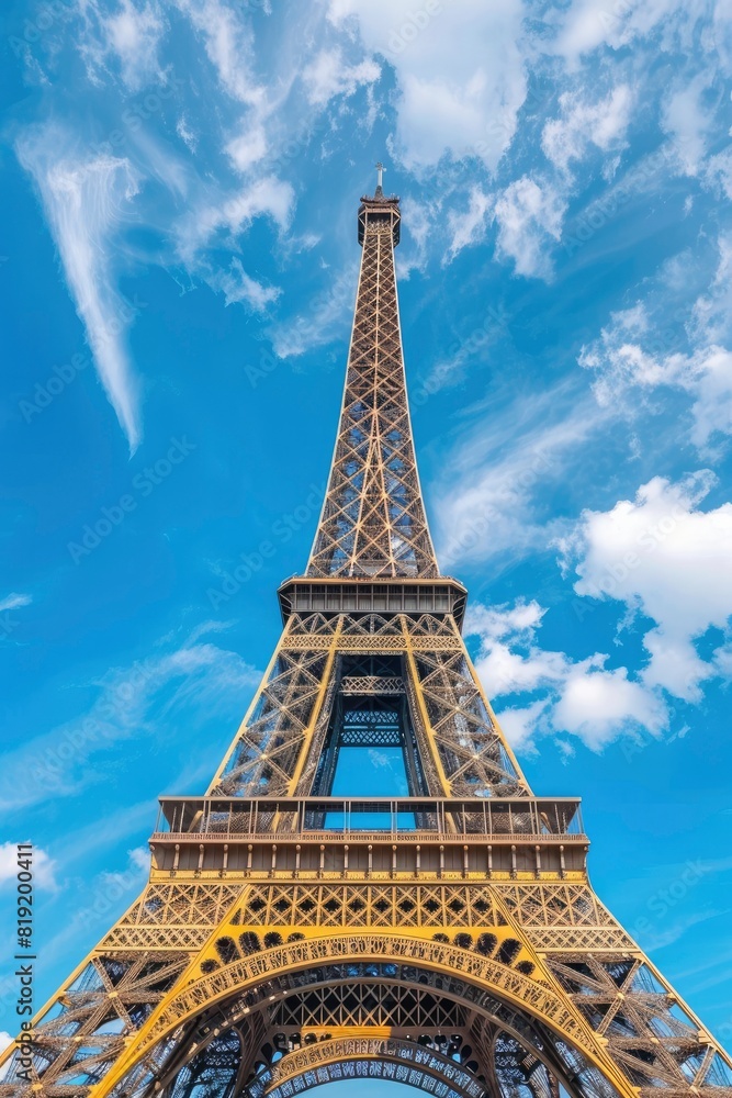 Eiffel Tower with a blue sky background in a front view