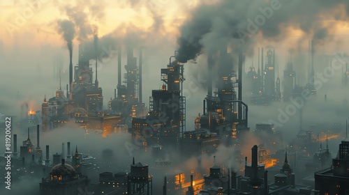 A dark and gloomy cityscape with a large factory in the center. The factory is surrounded by tall buildings and the air is thick with smoke.