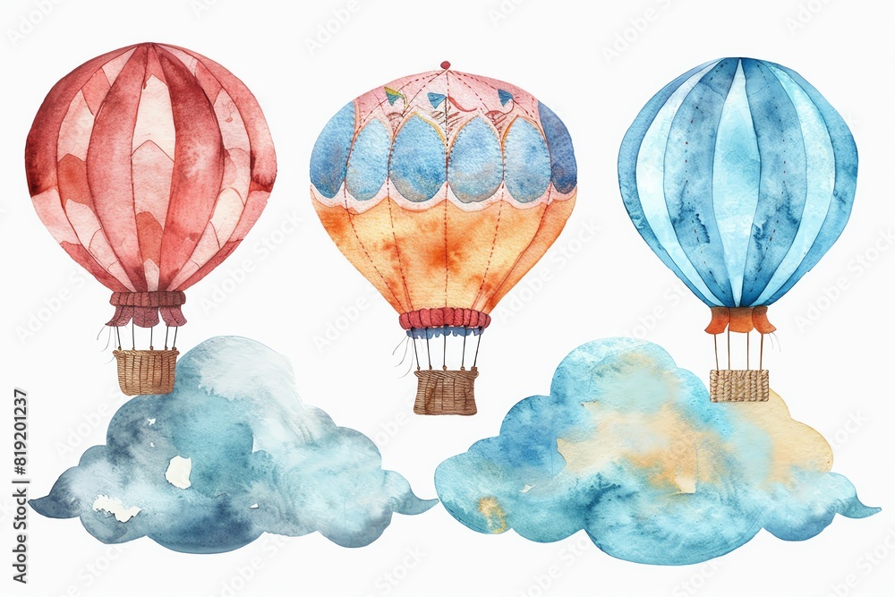 Obraz premium Watercolor illustration of three hot air balloons in red, blue, and orange with clouds