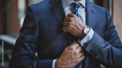 Man in a tailored suit adjusting his tie. photo