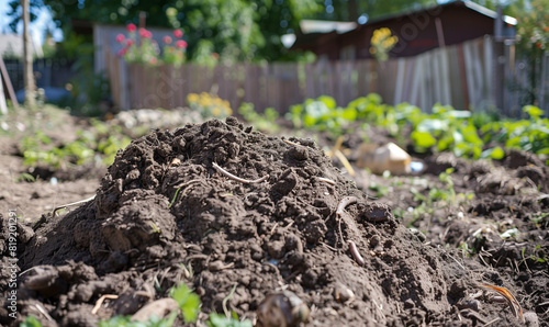 A compost mound in which organic materials decompose into nutritious garden soil.