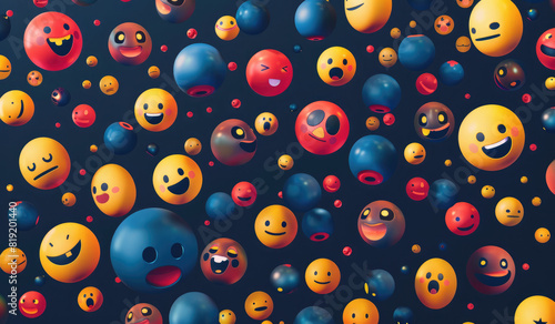 a bunch of emoji icons including smiley faces and bubbles, in the style of realistic yet stylized, light navy, uhd image, playful patterns, bold color field, bold colors, marks, humor meets heart