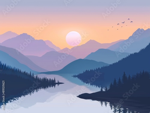 Mountain sunrise landscape flat design top view tranquility theme water color Complementary Color Scheme