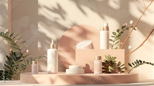 Isometric 3D render of a premium skincare product line arranged on a stylish podium with soft, flattering lighting and an elegant background photo