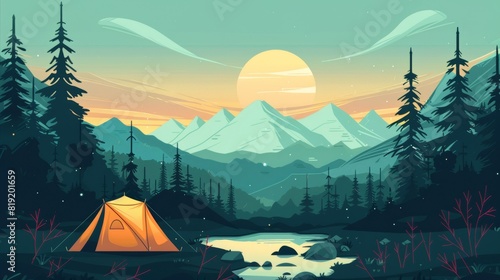 National park camping scene flat design side view nature retreat theme cartoon drawing Split-complementary color scheme