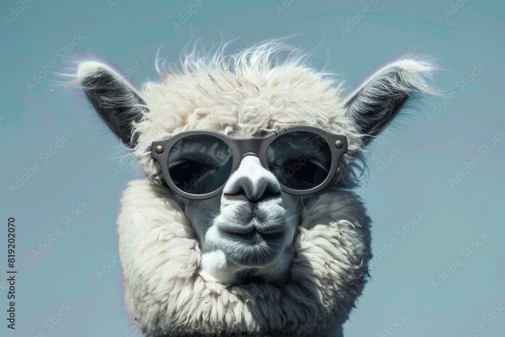 Close-up image of a llama wearing sunglasses. Perfect for travel and summer-themed designs Close-up image of a llama wearing sunglasses. Perfect for travel and summer-themed designs