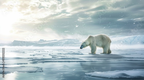 Polar bear walking across an icy landscape.