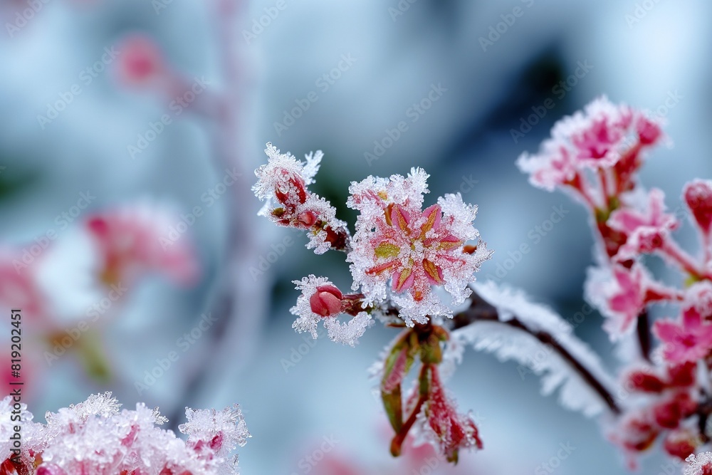 AI generated illustration of pink flowers on a snow-covered tree branch AI generated illustration of pink flowers on a snow-covered tree branch