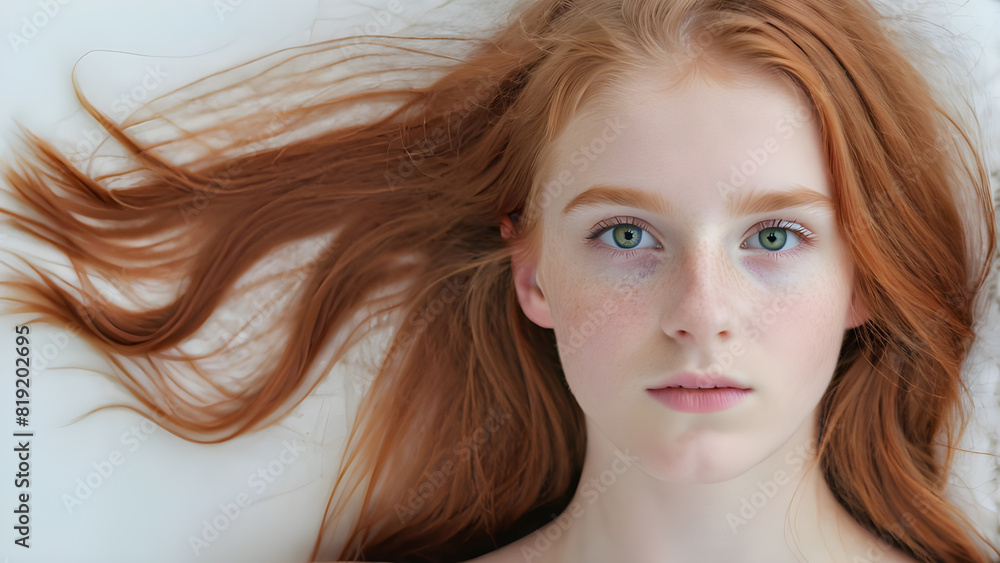 white background, copy space. a woman with red hair and freckles is lying on a white surface. white background, copy space. a woman with red hair and freckles is lying on a white surface.