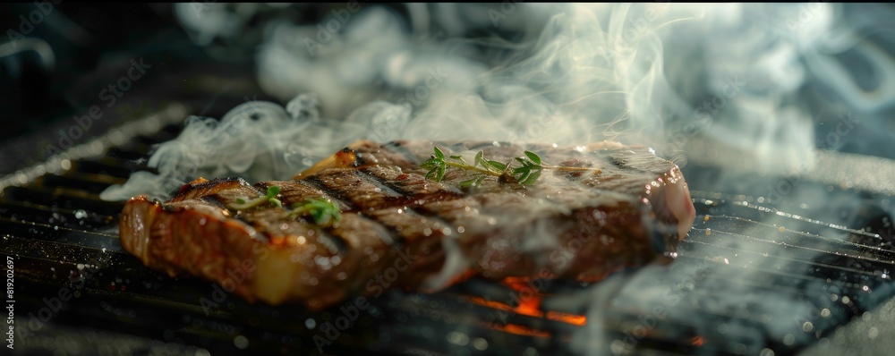 Sizzling steak on a grill with smoke rising. Sizzling steak on a grill with smoke rising.