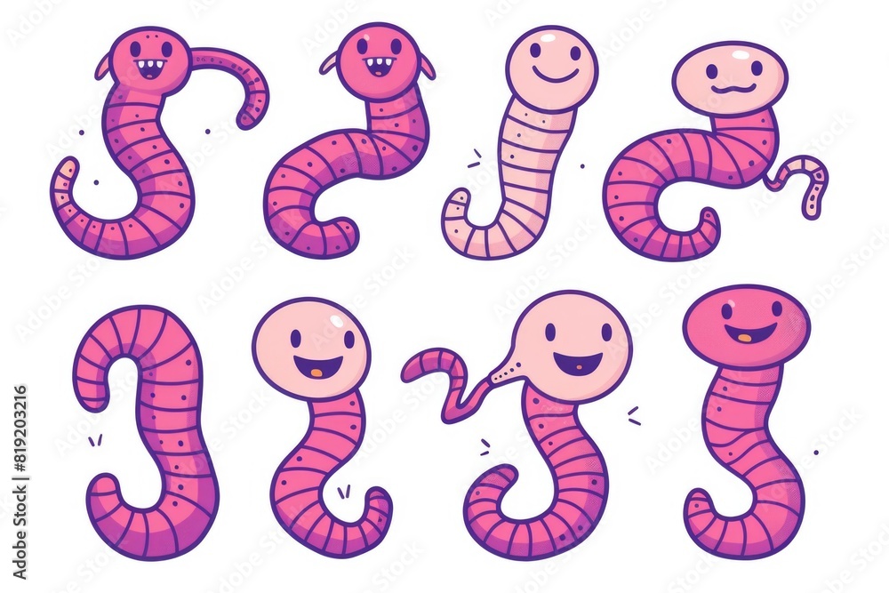 Fototapeta premium A group of worms with faces and mouths. Perfect for horror-themed designs