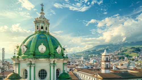 Green dome and white spire of the cathedral in the historic colonial center of Quito, Ecuador