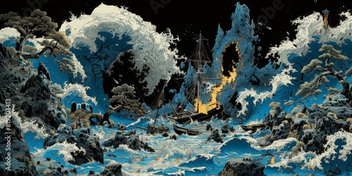 Surreal Japanese-inspired wave and mountains artwork featuring roaring waves, craggy mountains, and contrasting flames, reminiscent of Hokusai's style