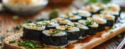 Traditional sushi rolls with soy sauce and ginger. photo