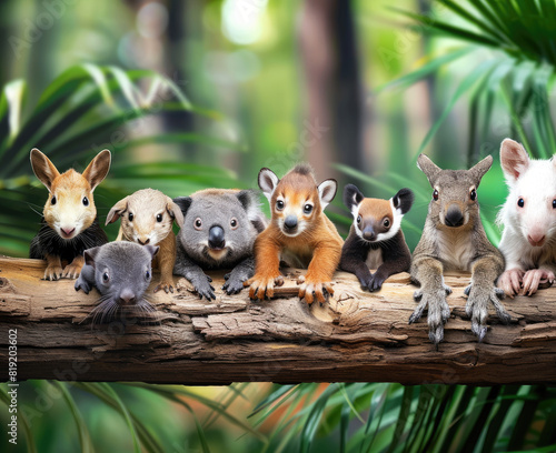 a line up of cute real animals leaning on a wooden log with jungle background. All of the animals must be real