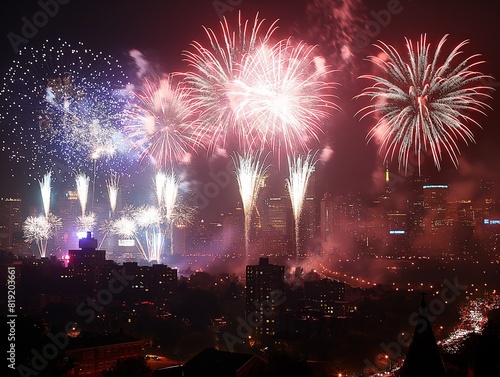 A city skyline is lit up with fireworks on a clear night. The fireworks are set off in a row, with the first one being the largest