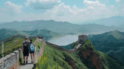Visitors admiring the Great Wall of China. photo