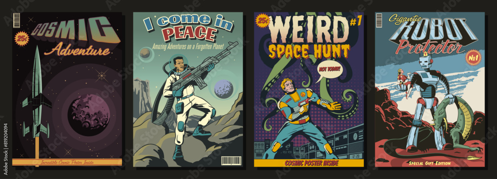 Retro Fantastic Comics Covers. Astronauts, Extraterrestrial Monster, Planets, Space. 1950s - 1960s Comic Books Style Illustrations 