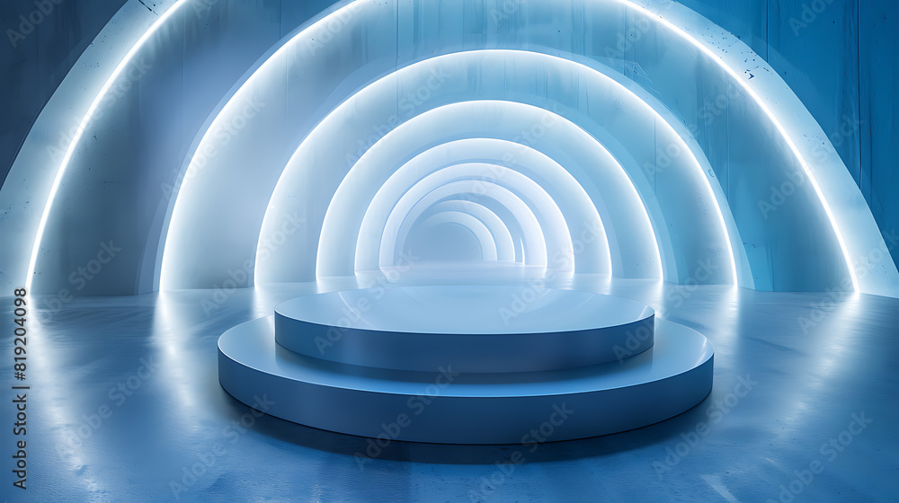 Fototapeta premium Floating Light Rings Podium: Sleek Metallic Podium with Light Rings