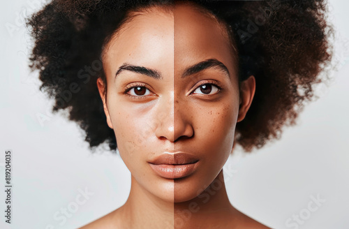 a portrait of a black woman split down the middle, one side has perfect skin and the other has blemished and bad skin, studo shot white background photo