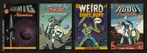 Retro Fantastic Comics Covers. Astronauts, Extraterrestrial Monster, Planets, Space. 1950s - 1960s Comic Books Style Illustrations 