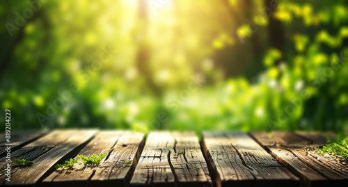 wooden table and blurred nature bokeh in sunlight. 