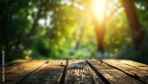  wooden table and blurred nature bokeh in sunlight. 