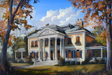 Neoclassical Revival Style House (Encaustic Painting) - United States in the late 19th and early 20th century, characterized by a symmetrical design with columns, pediments, and a central front door