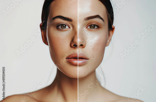 a portrait of a woman split down the middle, one side has perfect skin and the other has blemished and bad skin, studo shot white background photo