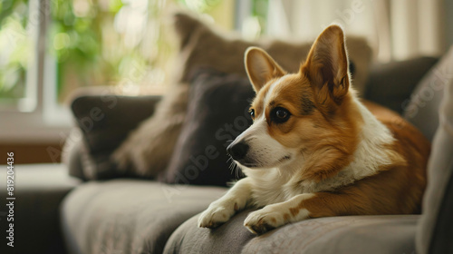 Corgi sitting on a couch Concept of pets as family