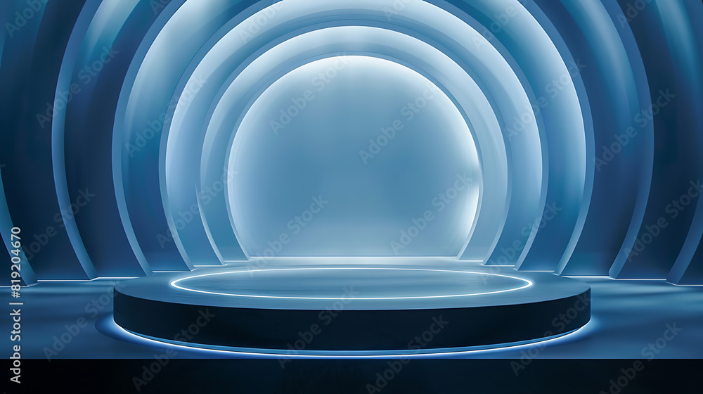 Obraz premium Floating Light Rings Podium: Sleek Metallic Podium with Light Rings
