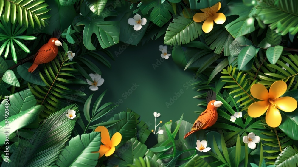 Birdwatching in tropical forest flat design top view avian species theme 3D render vivid Birdwatching in tropical forest flat design top view avian species theme 3D render vivid