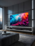 Modern living room with tv. smart tv in modern living room with neon lights, 3d render. Generative ai.