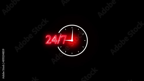 Glowing neon line Clock 24 hours icon isolated on black background. All day cyclic icon. 24 hours service symbol. 24 hours a day and 7 days a week animation on black. photo