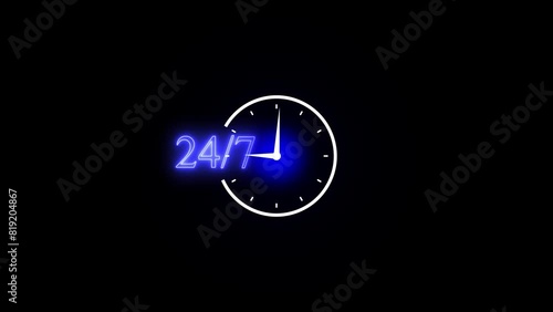 Glowing neon line Clock 24 hours icon isolated on black background. All day cyclic icon. 24 hours service symbol. 24 hours a day and 7 days a week animation on black. photo