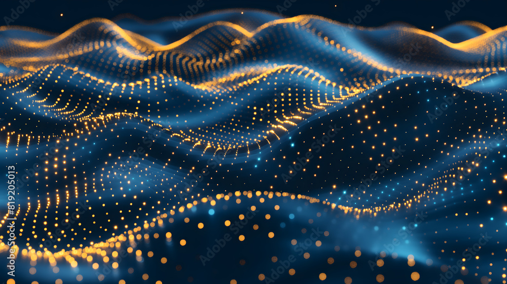 Dynamic Abstract Golden Particles Wave Flow on Blue Background Dynamic Abstract Golden Particles Wave Flow on Blue Background