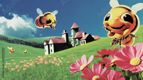 Bee Buzz: The Busy Work of Bees in the Garden - Visualize a scene where bees buzz among the blooms, their diligent work pollinating flowers and gathering nectar to take back to the hive