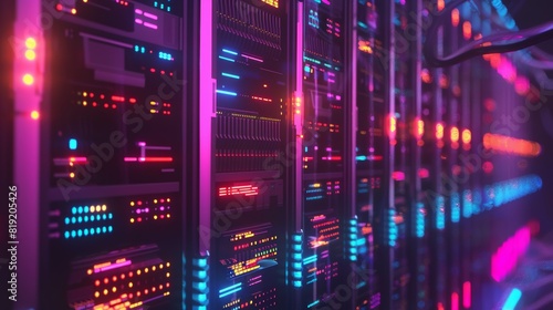 Data center with glowing servers flat design top view cybersecurity theme animation vivid