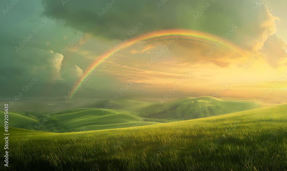 Serene Rainbow Over Rolling Green Hills Under a Cloudy Sky Serene Rainbow Over Rolling Green Hills Under a Cloudy Sky