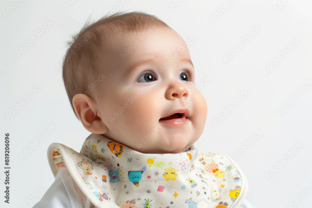 cheerful baby laughing and looking up wearing a patterned bib cheerful baby laughing and looking up wearing a patterned bib