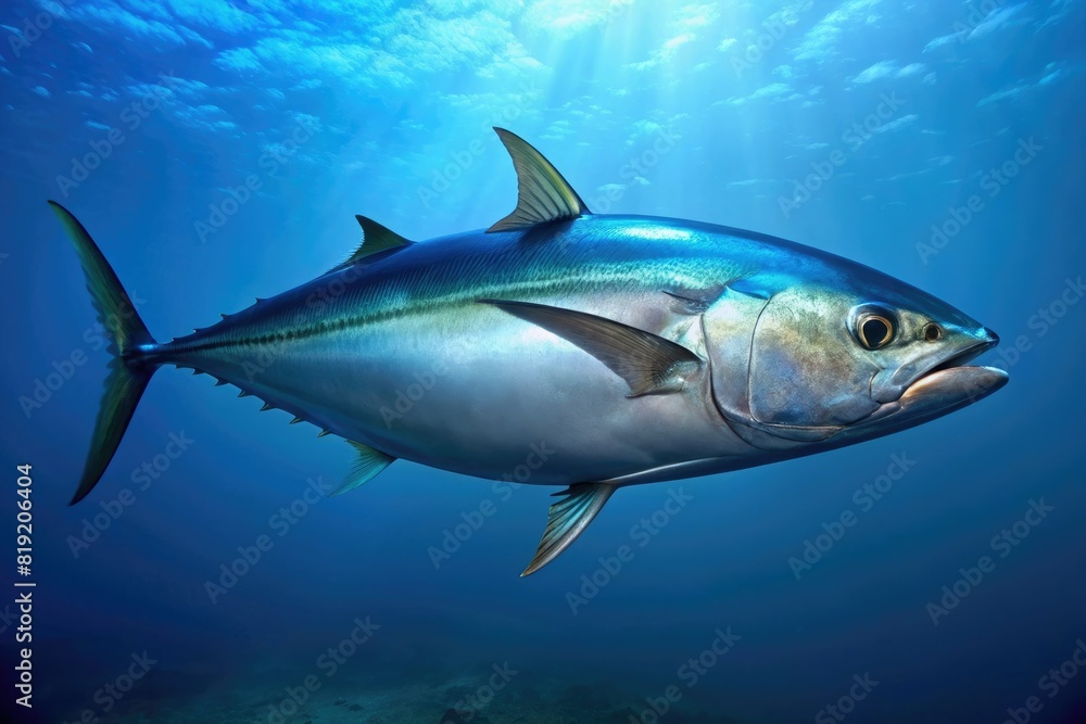 Fototapeta premium Tuna swimming in the depths of the ocean, with bright lights shining through the water.